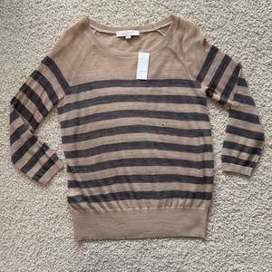 LOFT NWT Sheer Striped Tan and Gray Lightweight Sweater Wool 3/4 Sleeve Medium
